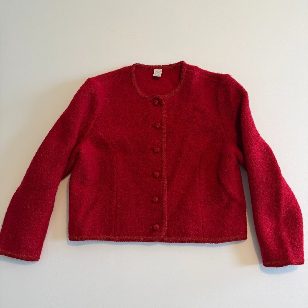 Vintage LANDS END Red 100% Boiled Wool Cardigan Sweater Jacket 14P - Picture 3 of 10